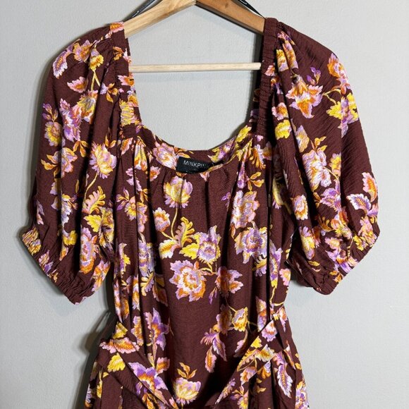 MINKPINK Giselle Belted Floral Mini Dress Women's Large Brown Puff Sleeve NWT - Picture 7 of 16